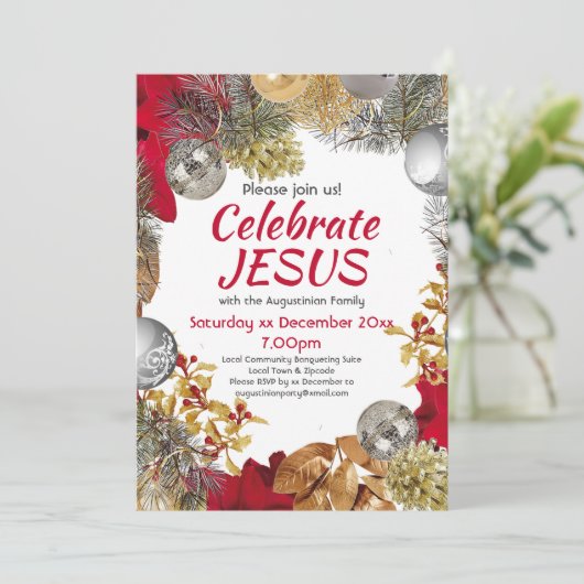 Modern Christmas Wreath CELEBRATE JESUS Party Einladung (Stehend Vorderseite)