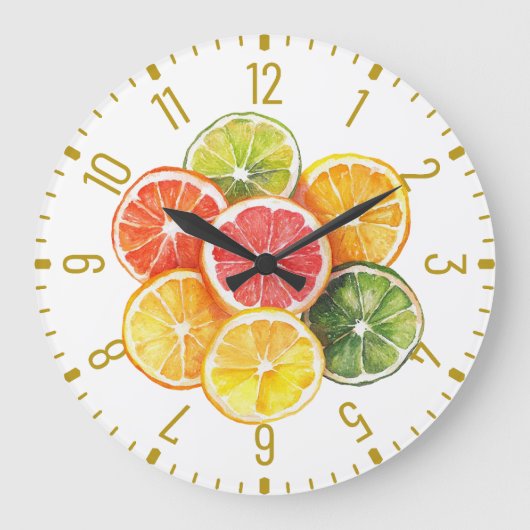 Modern Citrus Fruit Slices Round Clock Große Wanduhr (Vorderseite)