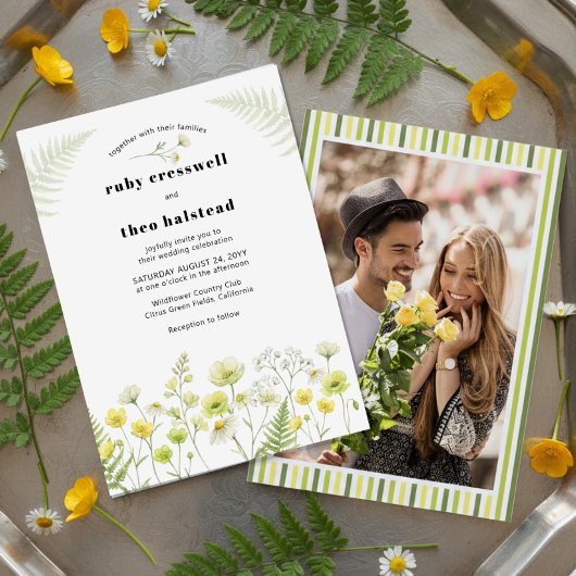 Modern Citrus Wildflower Stripe Photo Wedding Einladung