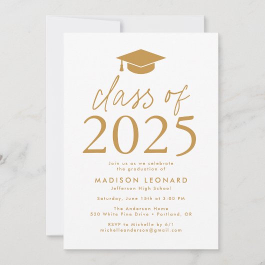 Modern Class of 2025 Gold Graduation Party Einladung (Vorderseite)