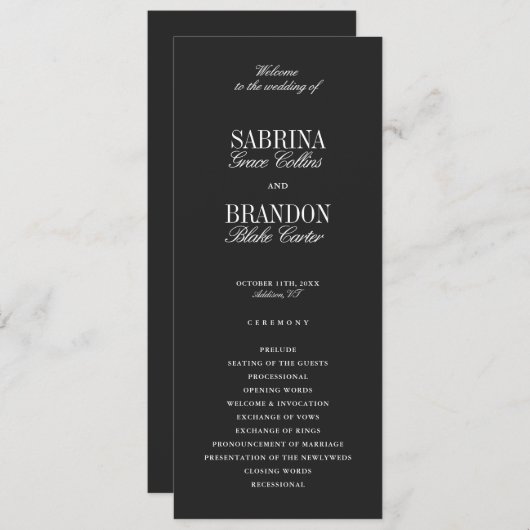 Modern Classic Black Wedding Ceremony Program (Vorne/Hinten)