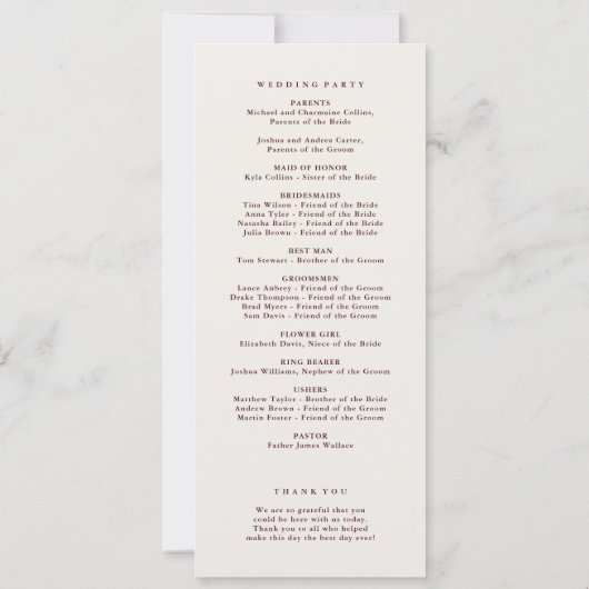Modern Classic Burgundy Wedding Ceremony Program (Rückseite)