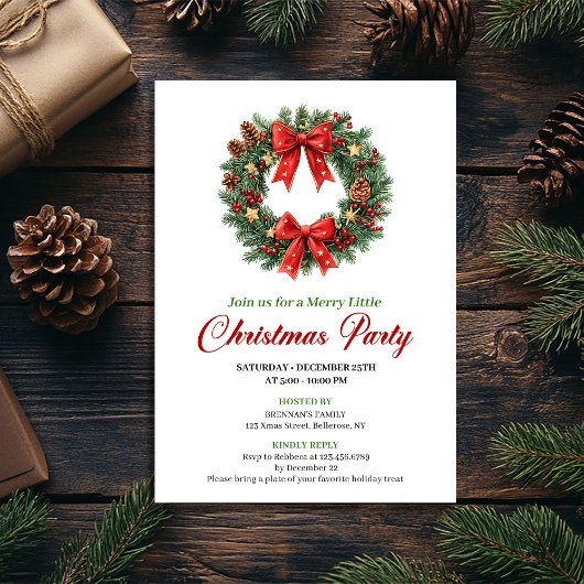 Modern Classic Christmas Wreath Party Invitation Einladung