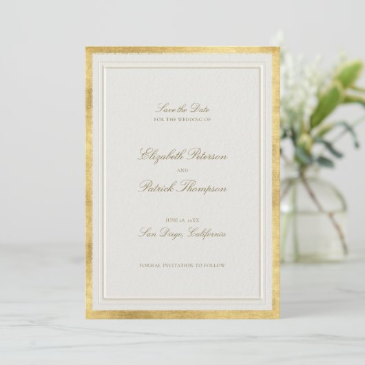 Modern Classic Formal Elevated Gold Ecru Wedding Save The Date (Stehend Vorderseite)