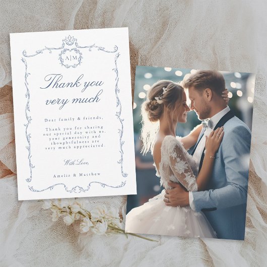 Modern Classic French Frame Blue Wedding Photo Dankeskarte