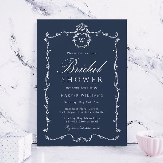 Modern Classic French Frame Bridal Shower Navy Einladung