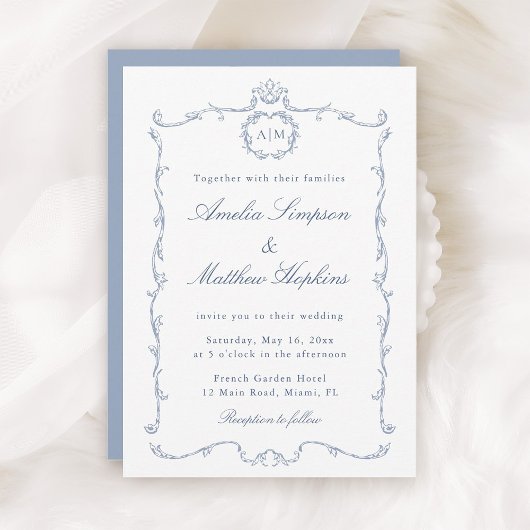 Modern Classic French Frame Wedding Dusty Blue Einladung