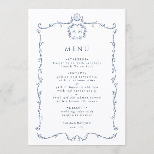 Modern Classic French Frame Wedding Dusty Blue Menükarte (Vorderseite)