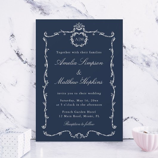 Modern Classic French Frame Wedding Navy Blue Einladung