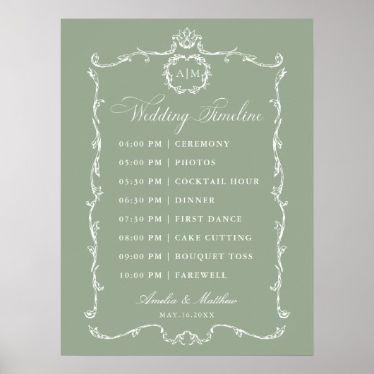 Modern Classic French Sage Green Wedding Timeline Poster (Vorne)