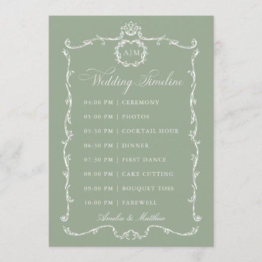 Modern Classic French Sage Green Wedding Timeline Programm (Vorderseite)