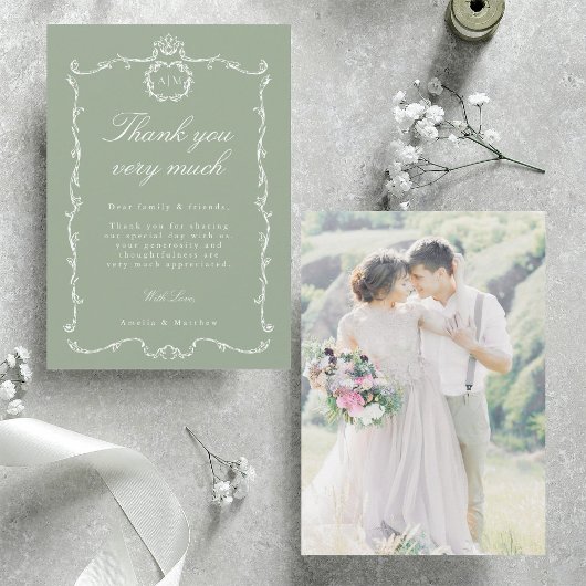 Modern Classic French Wedding Photo Sage Green Dankeskarte