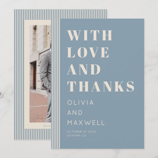 Modern Classic Love and Thanks Blue Striped Dankeskarte (Vorne/Hinten)