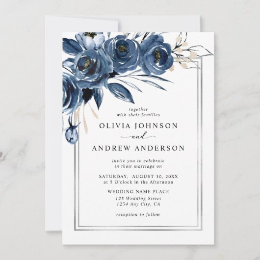 Modern Classic Navy Blue Floral Photo Wedding Einladung (Vorderseite)