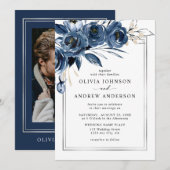 Modern Classic Navy Blue Floral Photo Wedding Einladung (Vorne/Hinten)