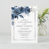 Modern Classic Navy Blue & Silver Floral Wedding Einladung (Stehend Vorderseite)