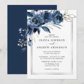 Modern Classic Navy Blue & Silver Floral Wedding Einladung (Vorne/Hinten)