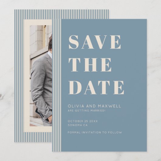 Modern Classic Save The Date Blue Striped Photo Einladung (Vorne/Hinten)