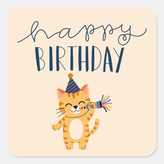 Modern Classic Simple Happy Birthday Cat Quadratischer Aufkleber (Vorderseite)