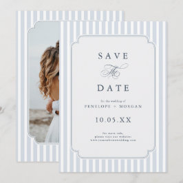 Modern Classic Stripes Dusty Blue Vintage Photo Save The Date