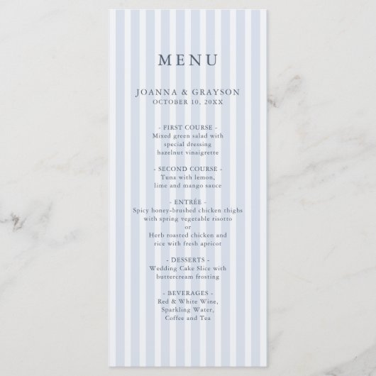 Modern Classic Stripes Dusty Blue Vintage Wedding Menükarte (Vorderseite)