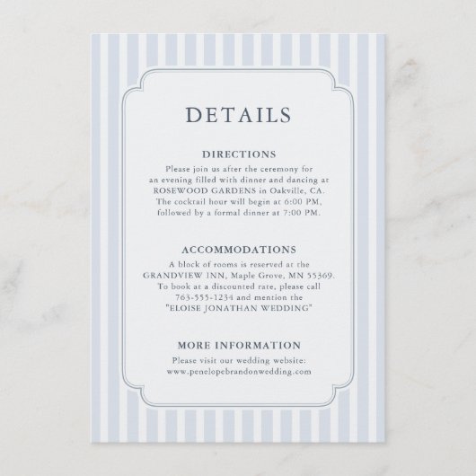 Modern Classic Stripes Dusty Blue Wedding Details Begleitkarte (Vorderseite)