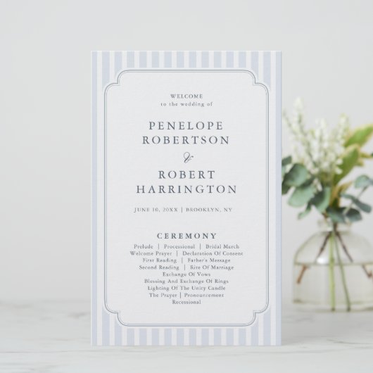 Modern Classic Stripes Dusty Blue Wedding Program (Stehend Vorderseite)