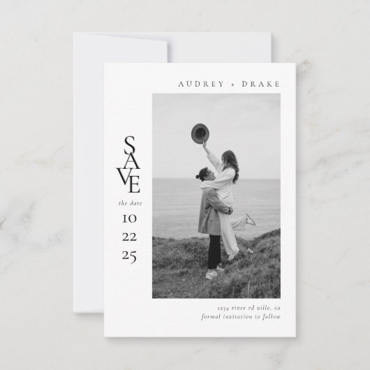 Modern Clean Black and White Photo Wedding Save The Date (Vorderseite)