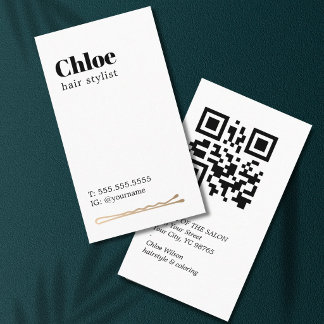 Modern Clean Black White Golden Hair Pin Salon QR  Visitenkarte
