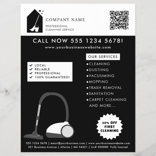 Modern Cleaning Cleaner Service Logo Black QR Code Flyer (Vorne)