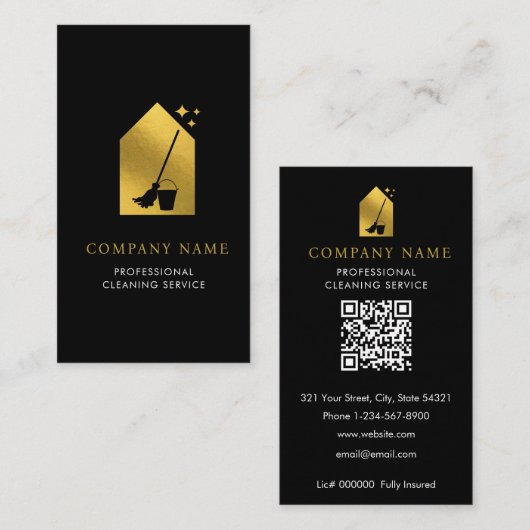 Modern Cleaning Cleaner Service Logo Gold QR Code Visitenkarte (Vorne/Hinten)