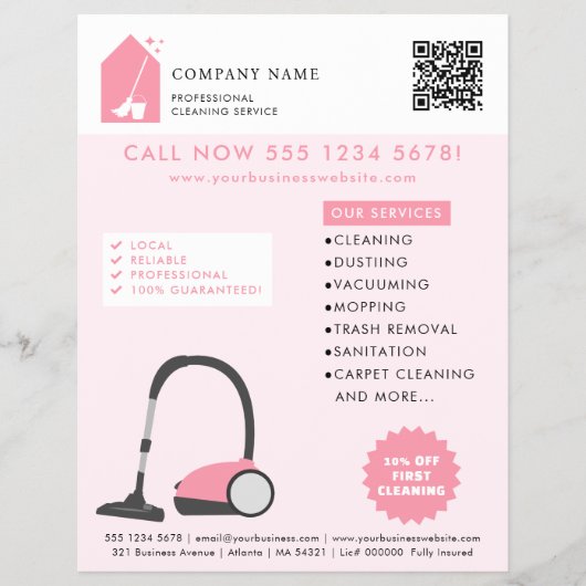 Modern Cleaning Cleaner Services Logo Pink QR Code Flyer (Vorne)