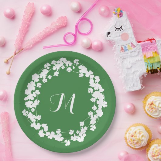 Modern Clover Blätter Wreath St Patricks Monogram Pappteller (Party)