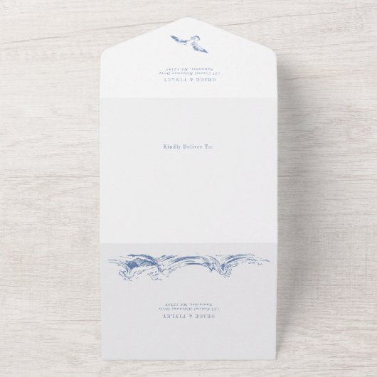 Modern Coastal Chic Blue Seaside Wedding All In One Einladung (Außenbereich)