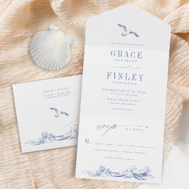 Modern Coastal Chic Blue Seaside Wedding All In One Einladung