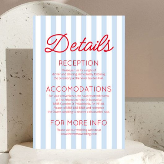 Modern Coastal Red Blue Stripes Wedding Details Begleitkarte