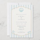 Modern Coastal Seashell Nautical Striped Wedding Einladung (Vorderseite)