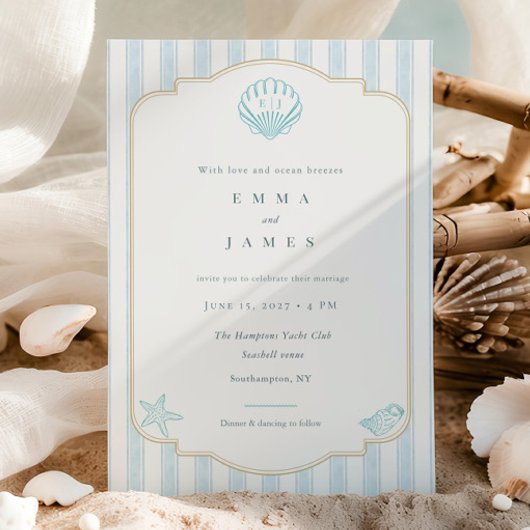 Modern Coastal Seashell Nautical Striped Wedding Einladung