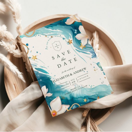 Modern Coastal Seashell Watercolor Wedding Save The Date