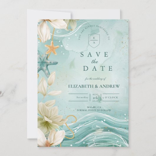 Modern Coastal Wave Floral Wedding Save The Date (Vorderseite)