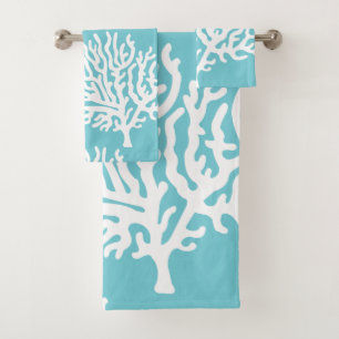 Modern Coastal White Sea Corals & Cyan Blue Badhandtuch Set