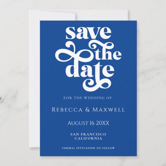 Modern Cobalt Blue Retro Typography Wedding Save The Date (Vorderseite)