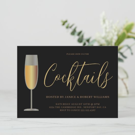 Modern Cocktail Party Script Black Gold Einladung (Stehend Vorderseite)