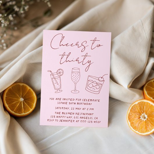 Modern Cocktail Pink Cheers to Thirty Birthday Einladung