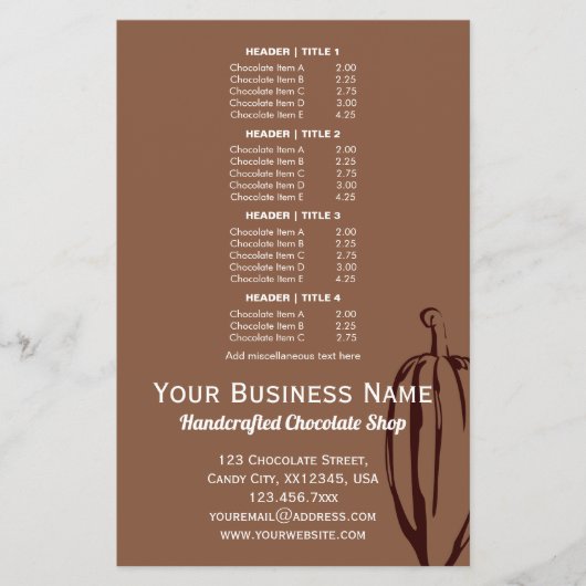 Modern Cocoa Pod Chocolatier Chocolate Shop Menü (Vorne)