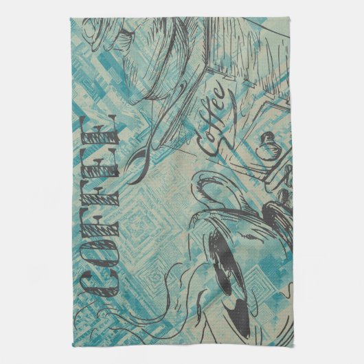 Modern Coffee Art Sketch Blue Geschirrtuch (Vertikal)