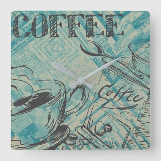 Modern Coffee Art Sketch Blue Quadratische Wanduhr (Vorderseite)
