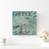 Modern Coffee Art Sketch Blue Quadratische Wanduhr (Zuhause)