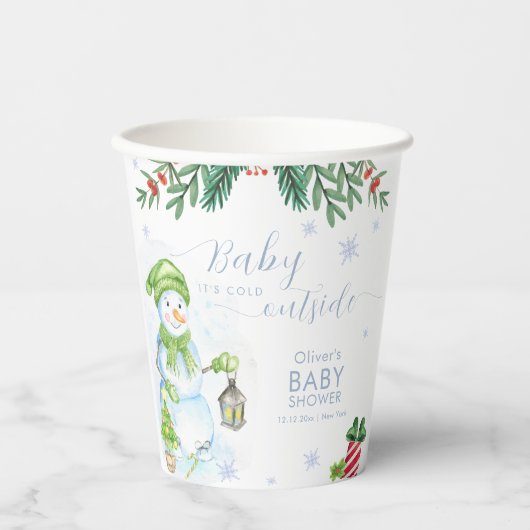 Modern Cold Outside Floral Snowman Baby Shower Pappbecher (Vorderseite)
