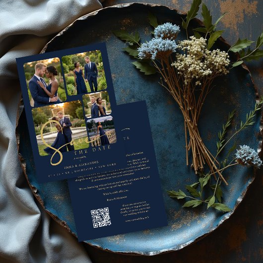 Modern Collage 5-Photo Wedding Navy Blue Save The Date